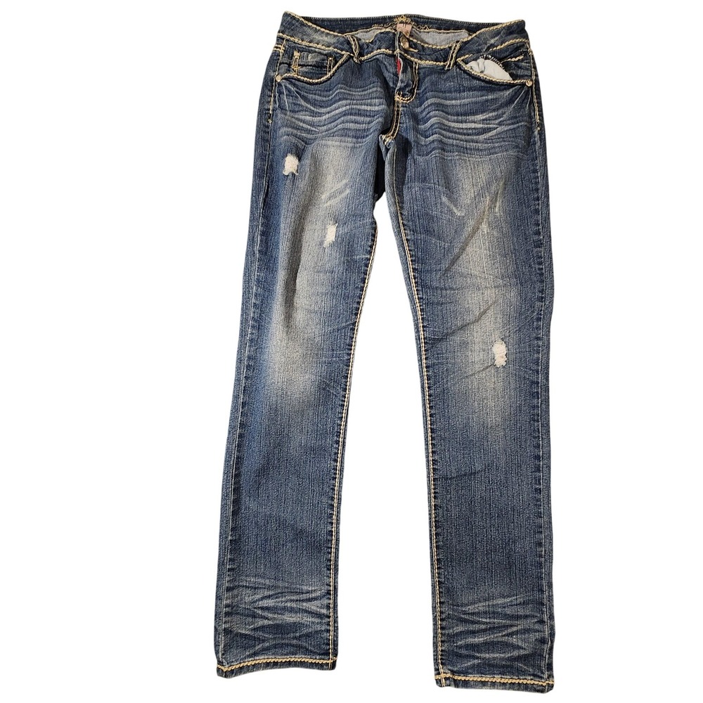 Almost Famous Jeans Womens 11 Blue Distressed Skinny Contrast Stitch Retro Y2K
